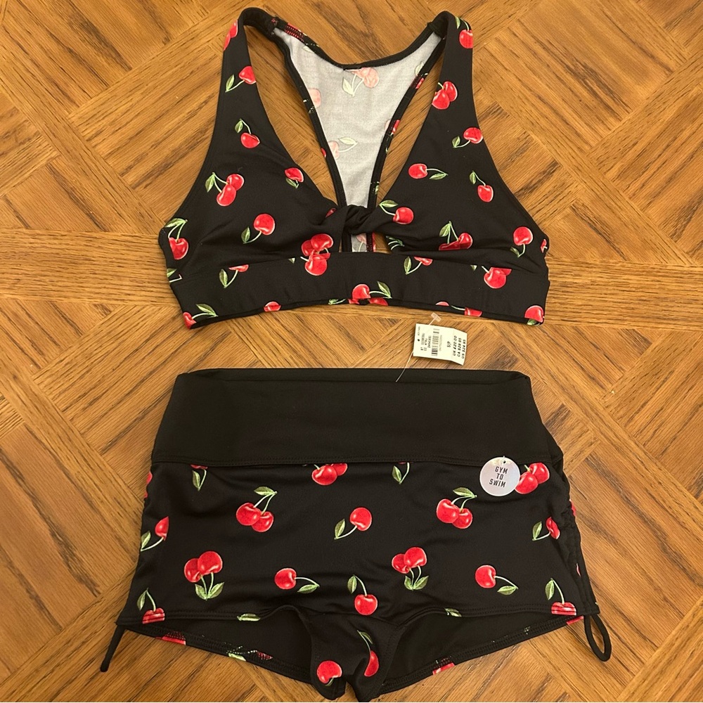 🍒 Gym to Swim Cherries PINK Victoria's Secret Black Cherry Bikini